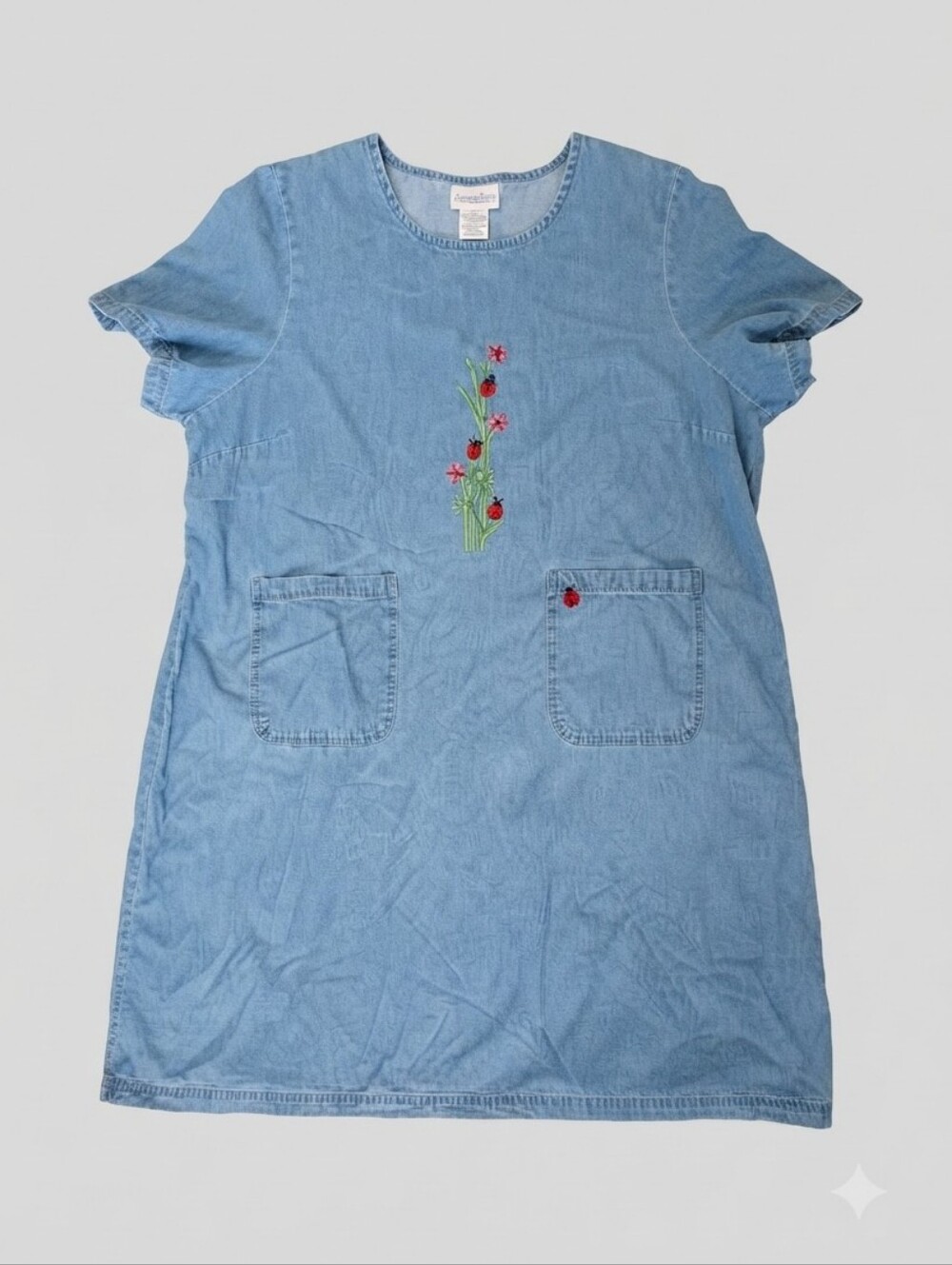 Vintage Country Store Denim Dress Short Sleeve Lady Bugs Embroidered Pockets 3XL - Picture 3 of 11
